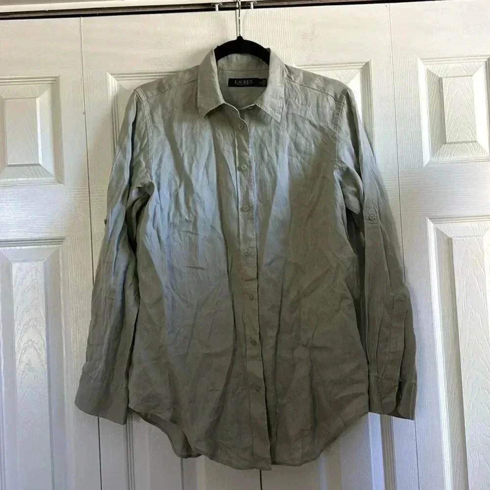 Lauren Ralph Lauren | Linen | Roll Cuff | Dove Gray | Button Down Shirt | size M
